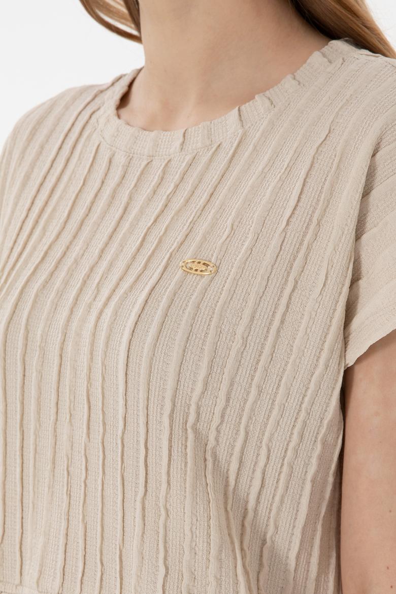 Kadın Taş Crop Bisiklet Yaka Tişört - 50300801016