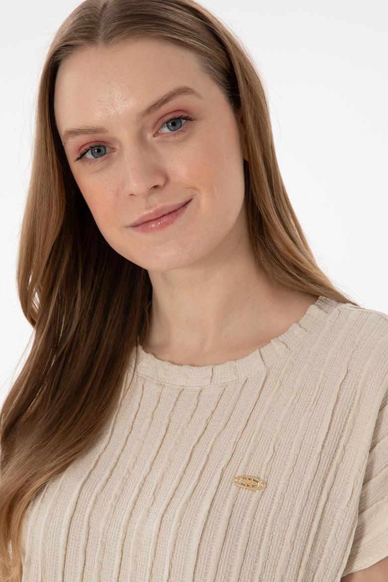 Kadın Taş Crop Bisiklet Yaka Tişört - 50300801016