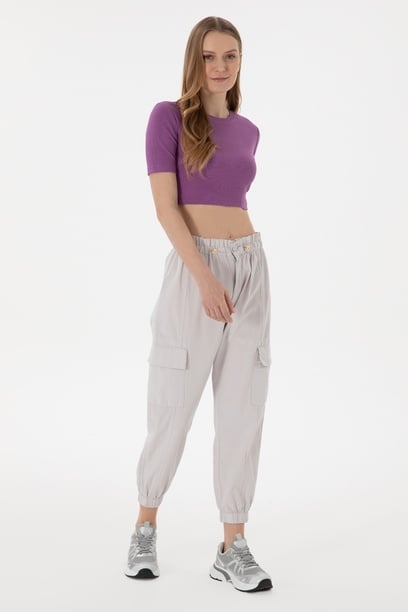 Kadın Açık Gri Jogger Fit Kanvas Pantolon