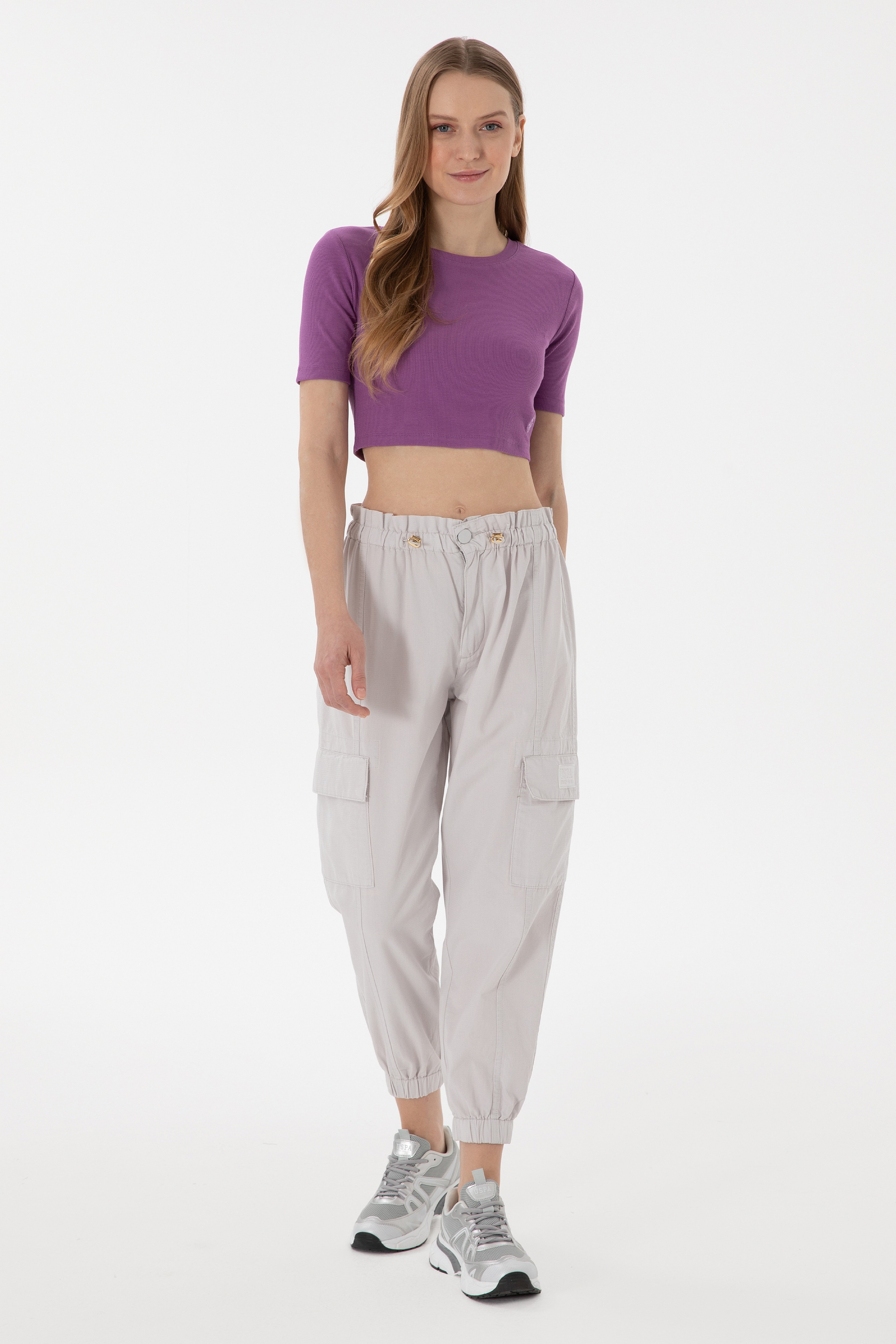 Kadın Açık Gri Jogger Fit Kanvas Pantolon - Image 1