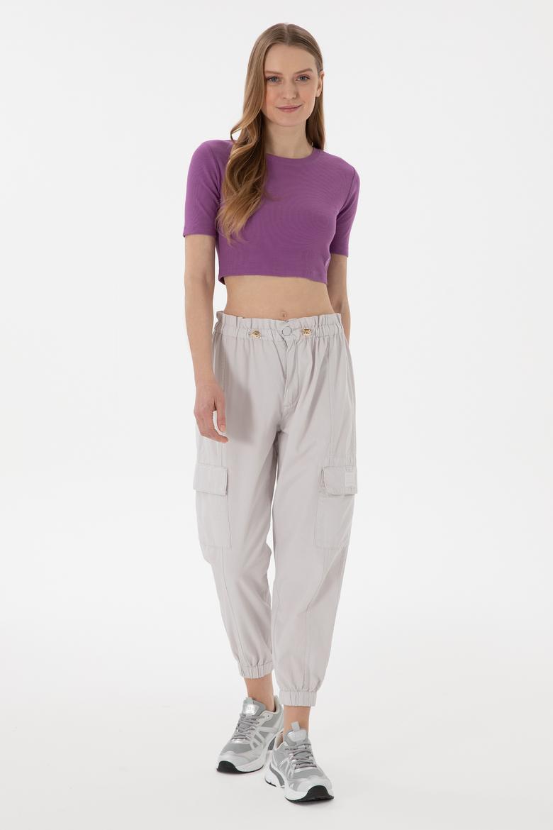 Kadın Açık Gri Jogger Fit Kanvas Pantolon