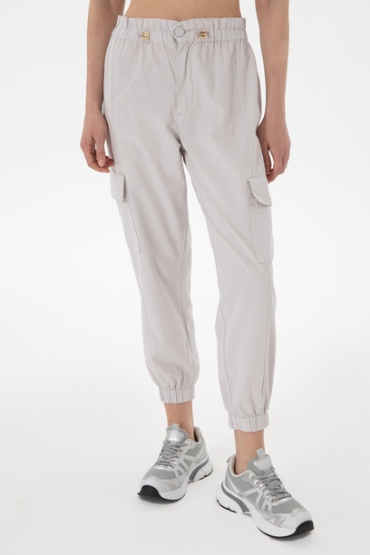 Kadın Açık Gri Jogger Fit Kanvas Pantolon