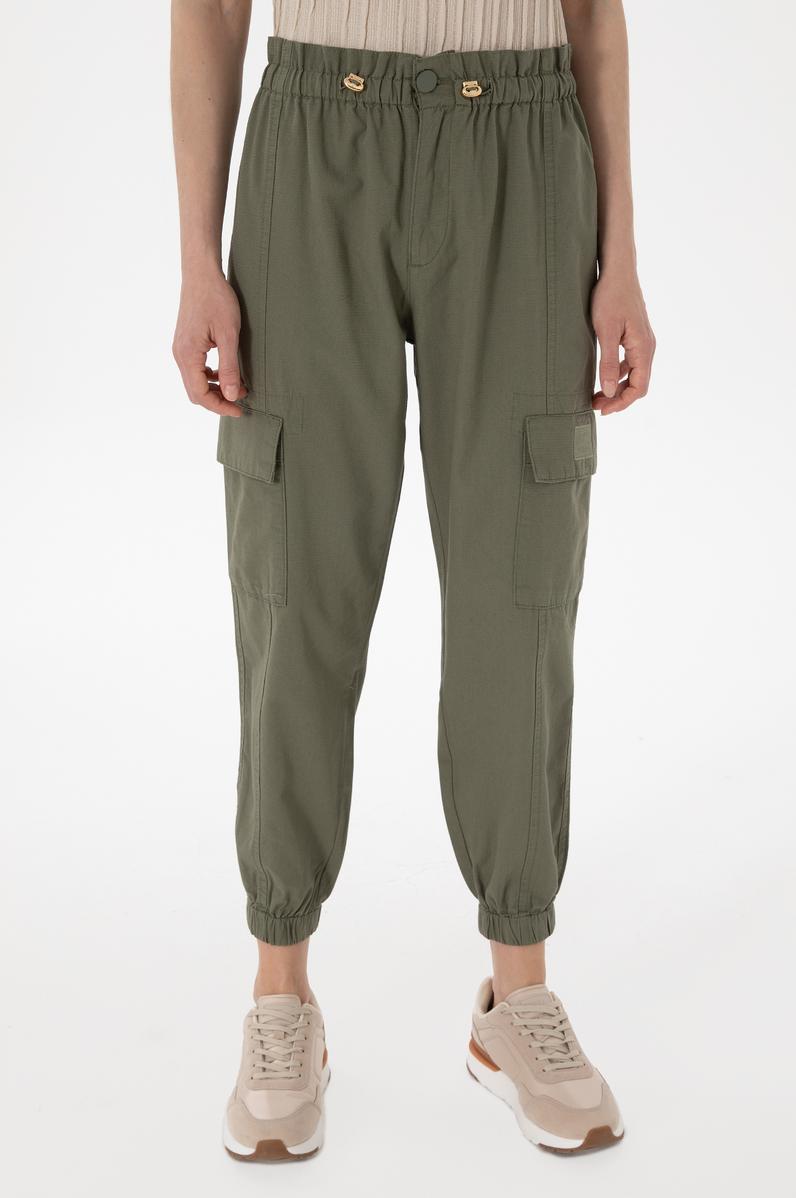 Kadın Koyu Haki Jogger Fit Kanvas Pantolon