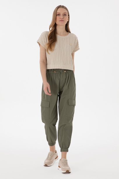 Kadın Koyu Haki Jogger Fit Kanvas Pantolon