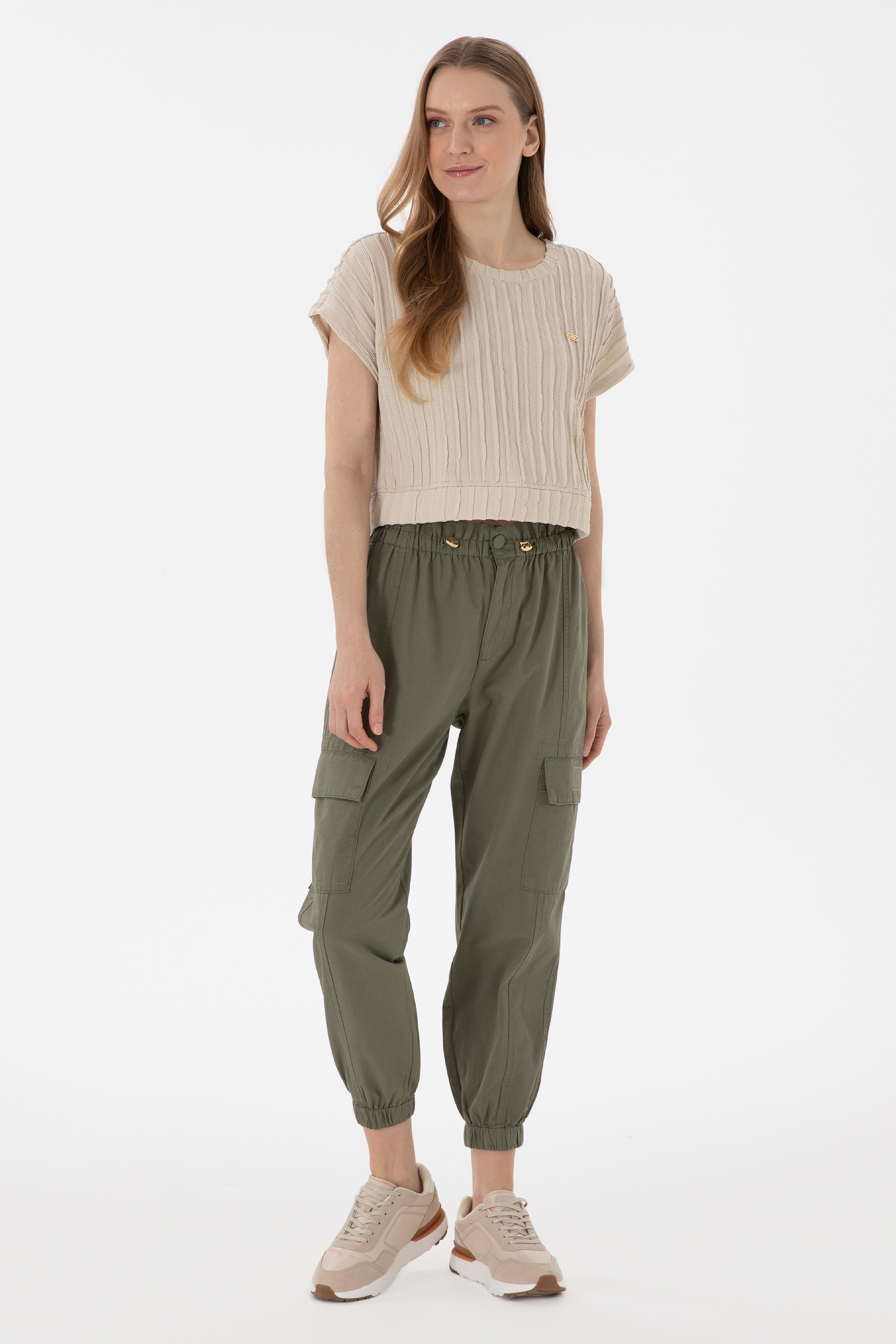 Kadın Koyu Haki Jogger Fit Kanvas Pantolon - Image 1