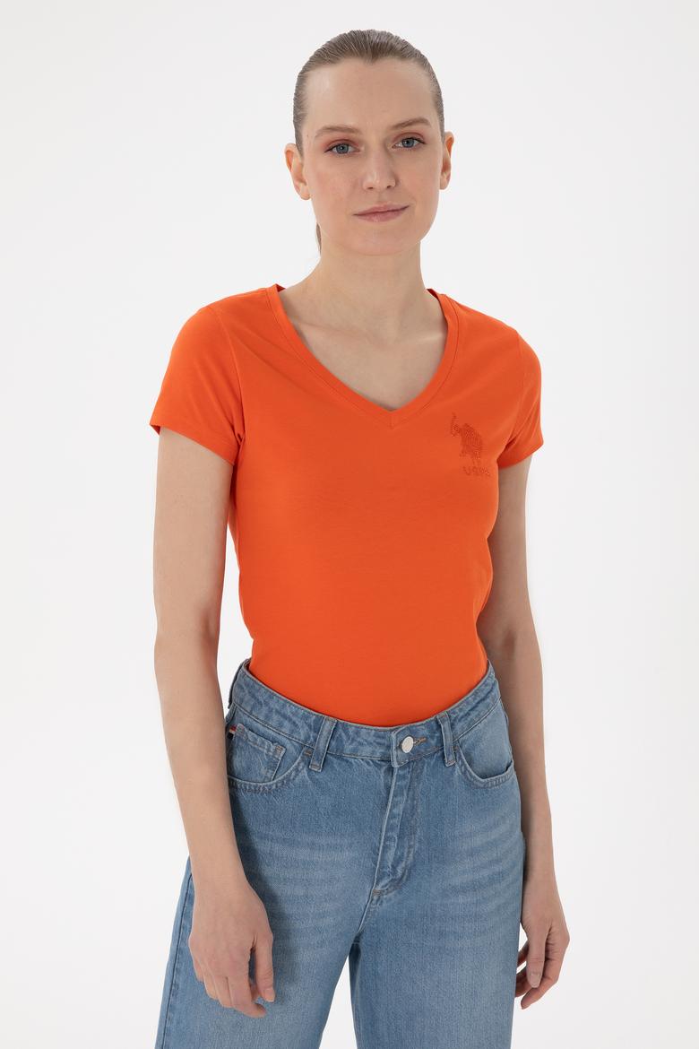 Kadın Nar Çiçeği V Yaka Basic Tişört