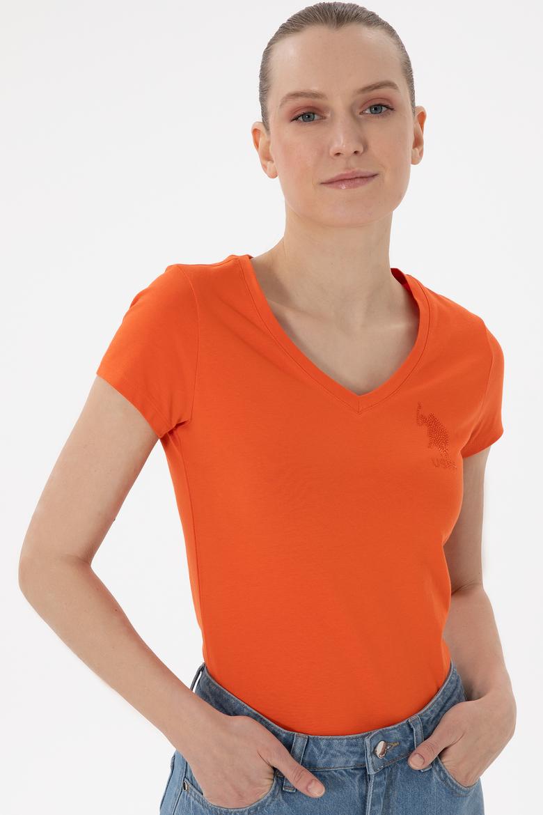 Kadın Nar Çiçeği V Yaka Basic Tişört - 50300828051