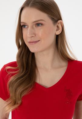 Kadın Kırmızı V Yaka Basic Tişört - 50300828057