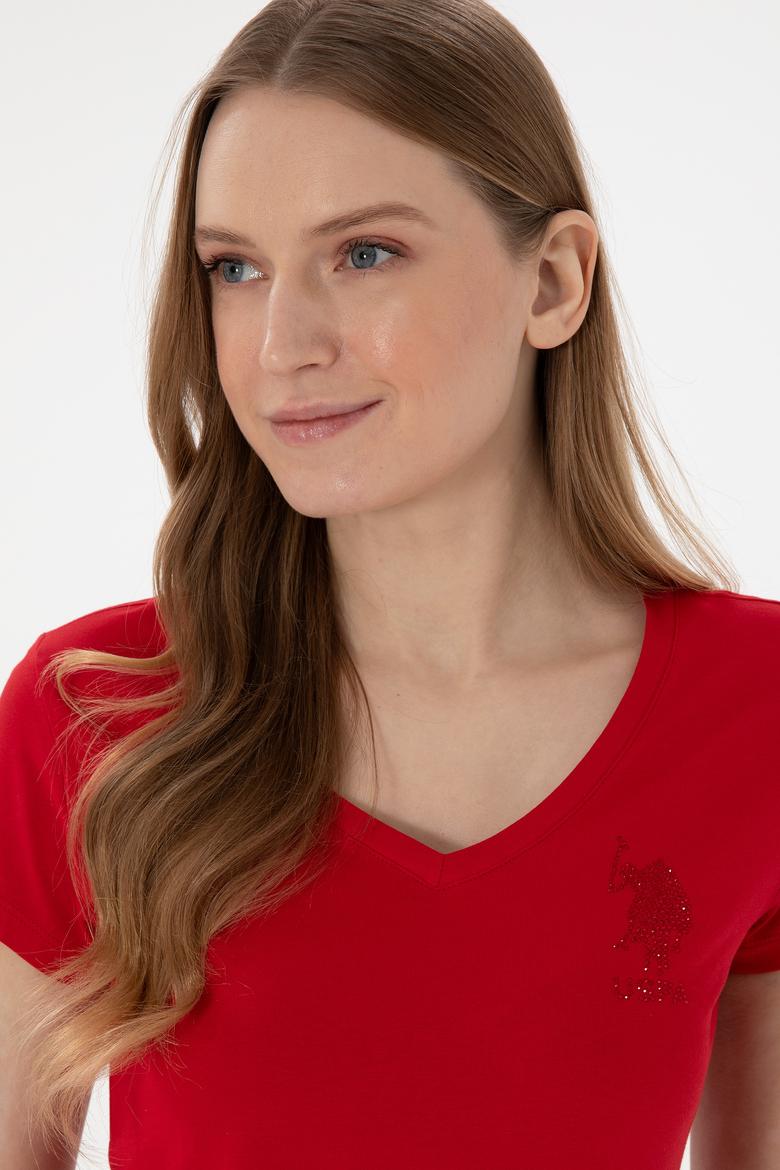 Kadın Kırmızı V Yaka Basic Tişört - 50300828057
