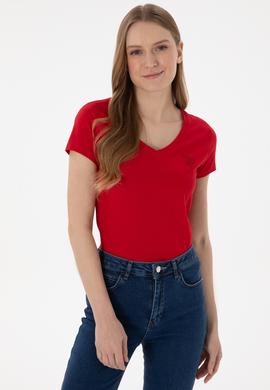 Kadın Kırmızı V Yaka Basic Tişört - 50300828057