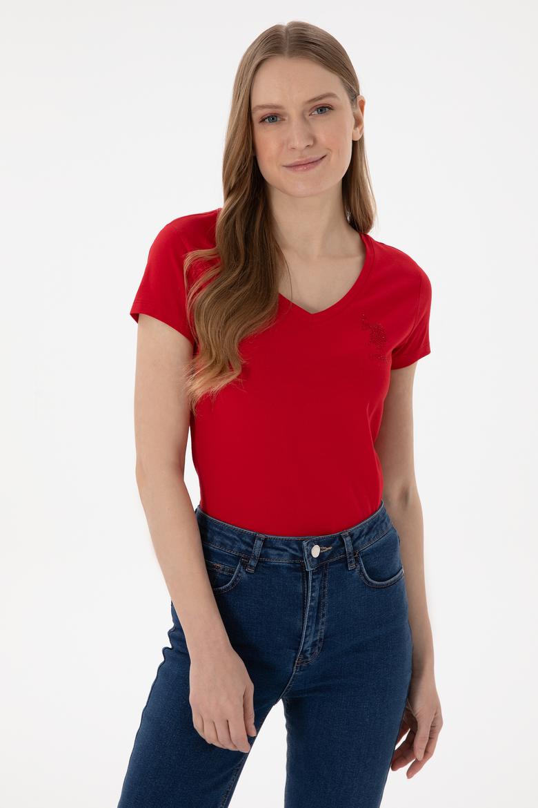 Kadın Kırmızı V Yaka Basic Tişört - 50300828057