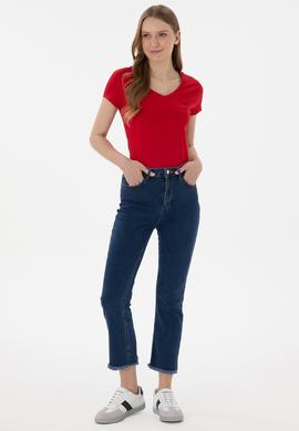 Kadın Kırmızı V Yaka Basic Tişört - 50300828057