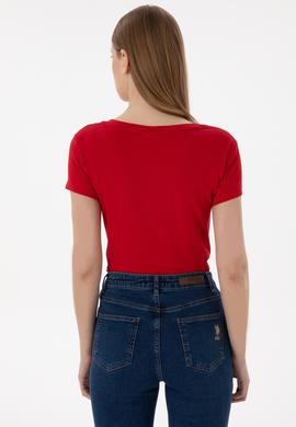 Kadın Kırmızı V Yaka Basic Tişört - 50300828057