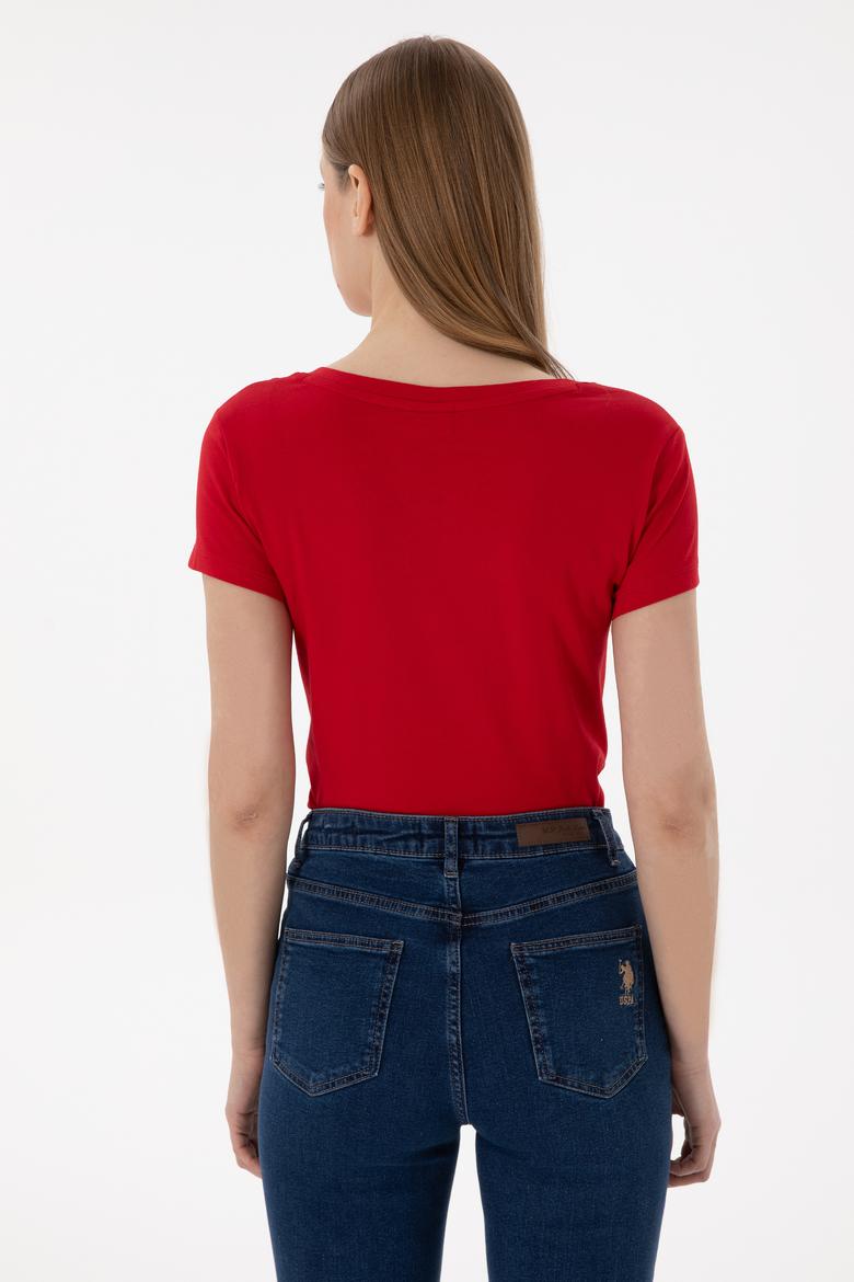 Kadın Kırmızı V Yaka Basic Tişört - 50300828057