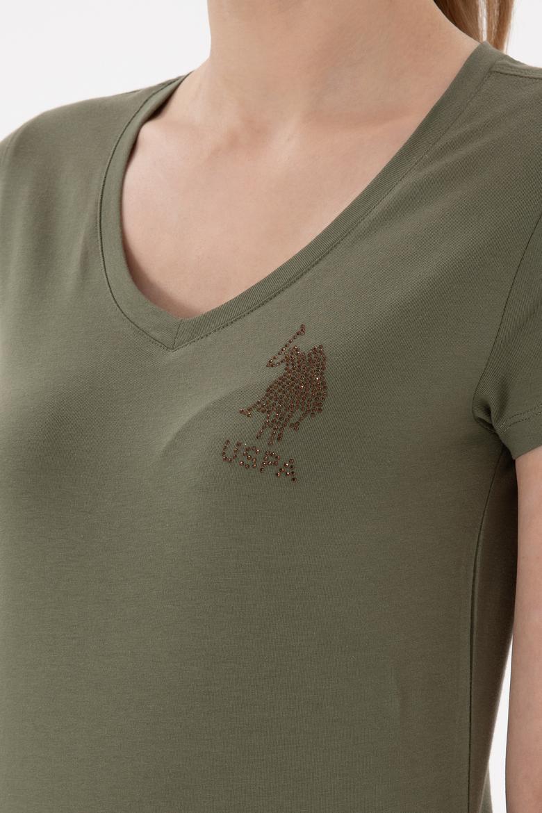 Kadın Koyu Haki V Yaka Basic Tişört - 50300828040