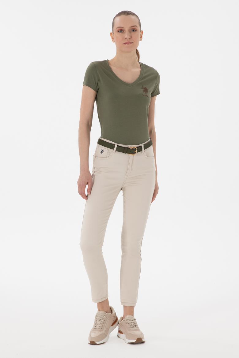 Kadın Koyu Haki V Yaka Basic Tişört - 50300828040