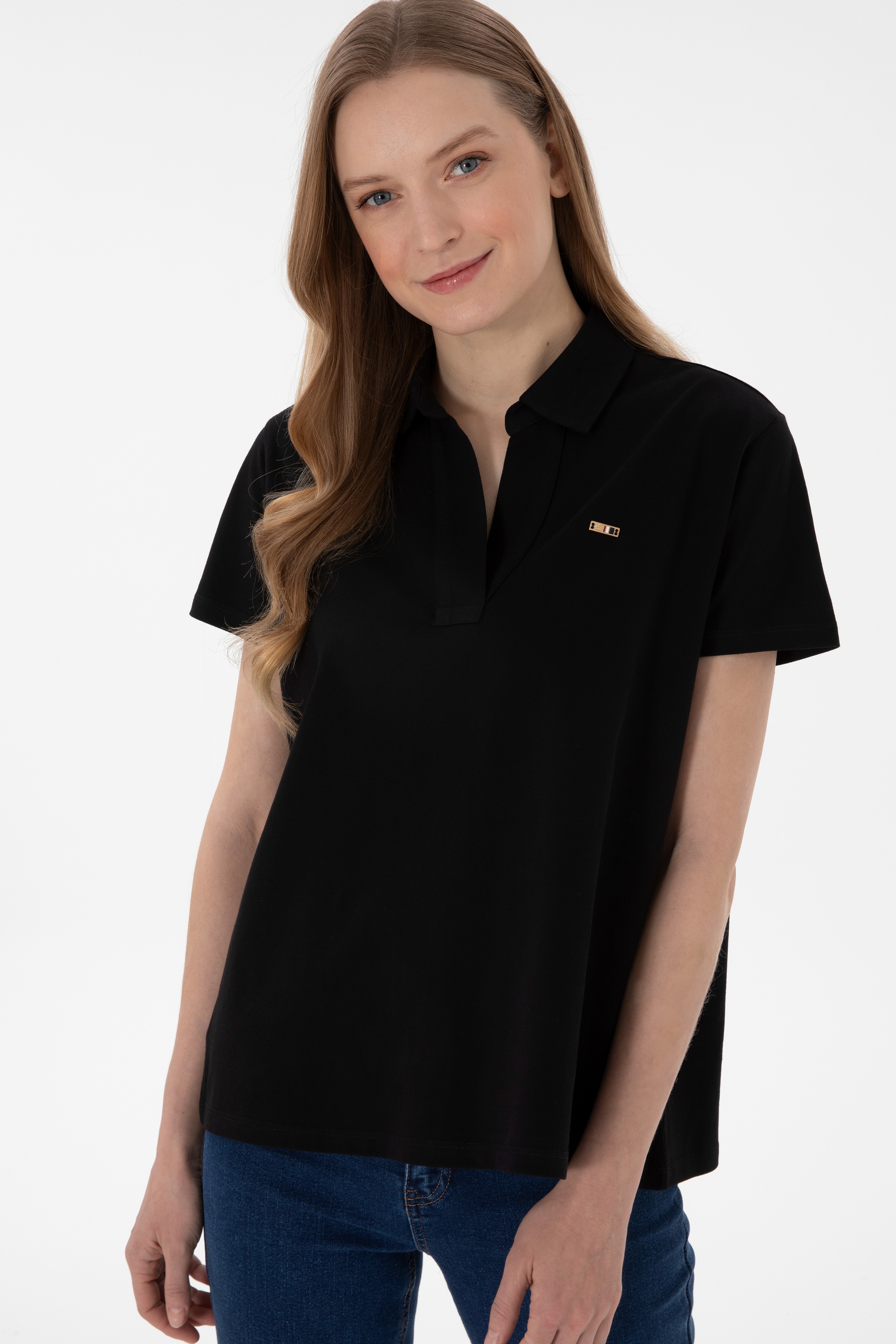 Kadın Siyah Basic Polo Yaka Tişört - Image 4