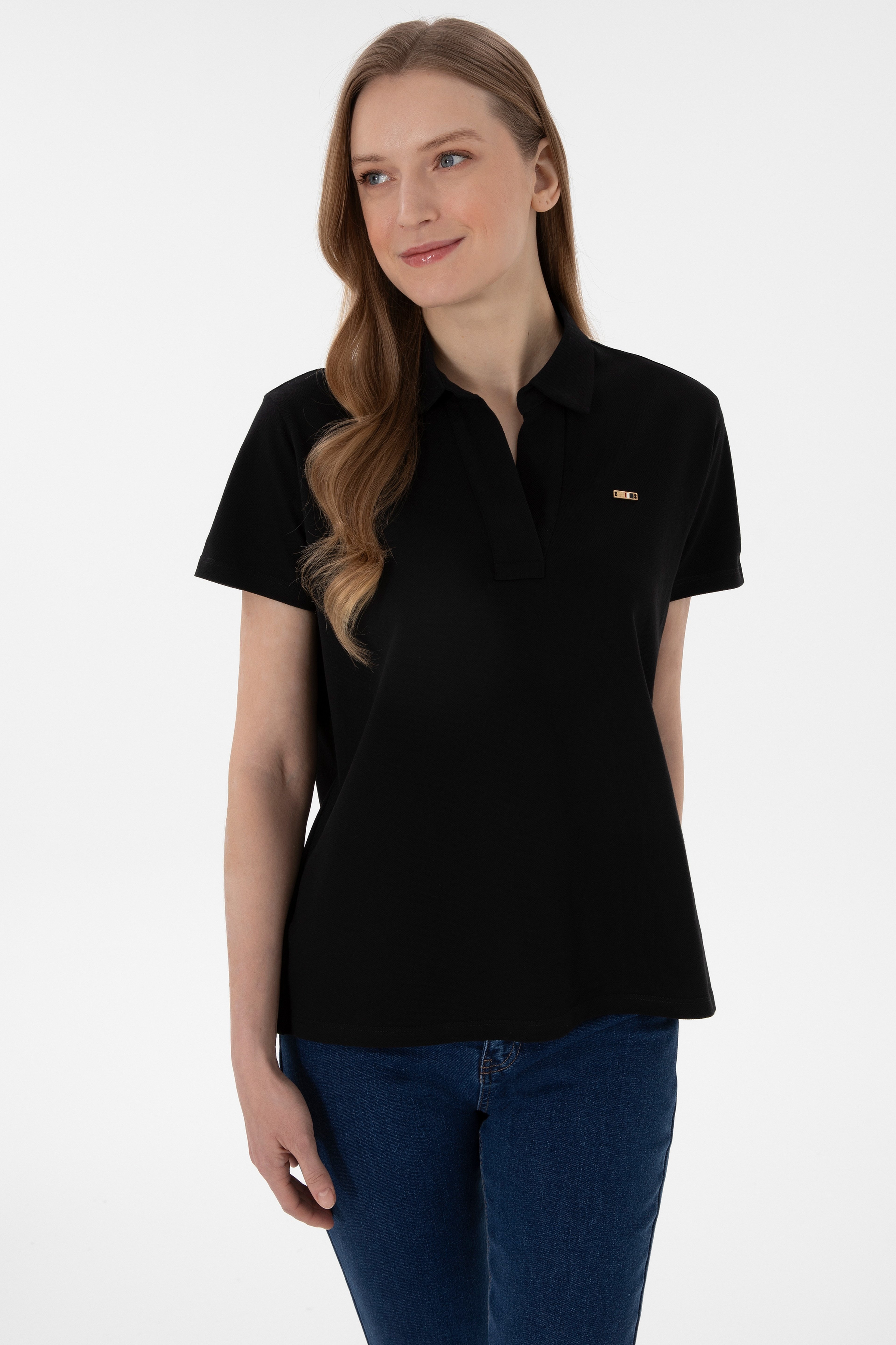 Kadın Siyah Basic Polo Yaka Tişört