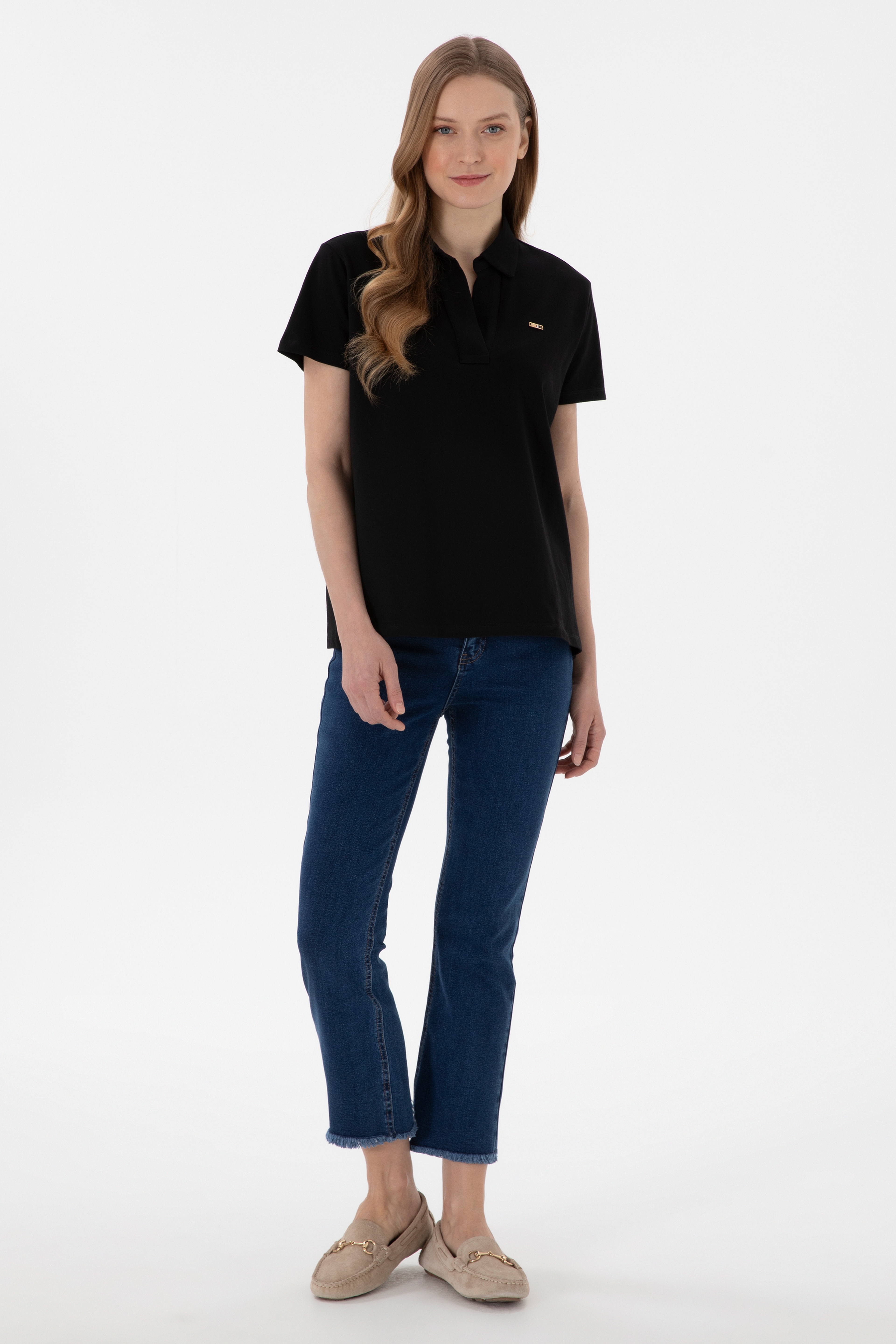 Kadın Siyah Basic Polo Yaka Tişört - Image 5