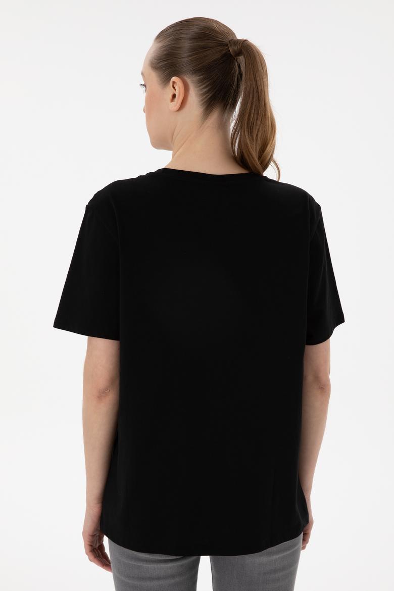 Kadın Siyah Bisiklet Yaka Basic Tişört - 50300850049