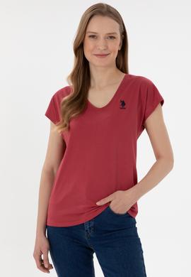Kadın Vişne V Yaka Basic Tişört - 50305825097