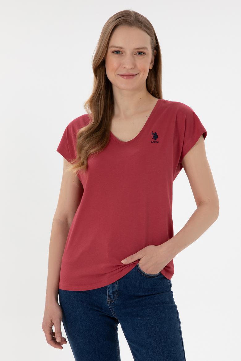Kadın Vişne V Yaka Basic Tişört