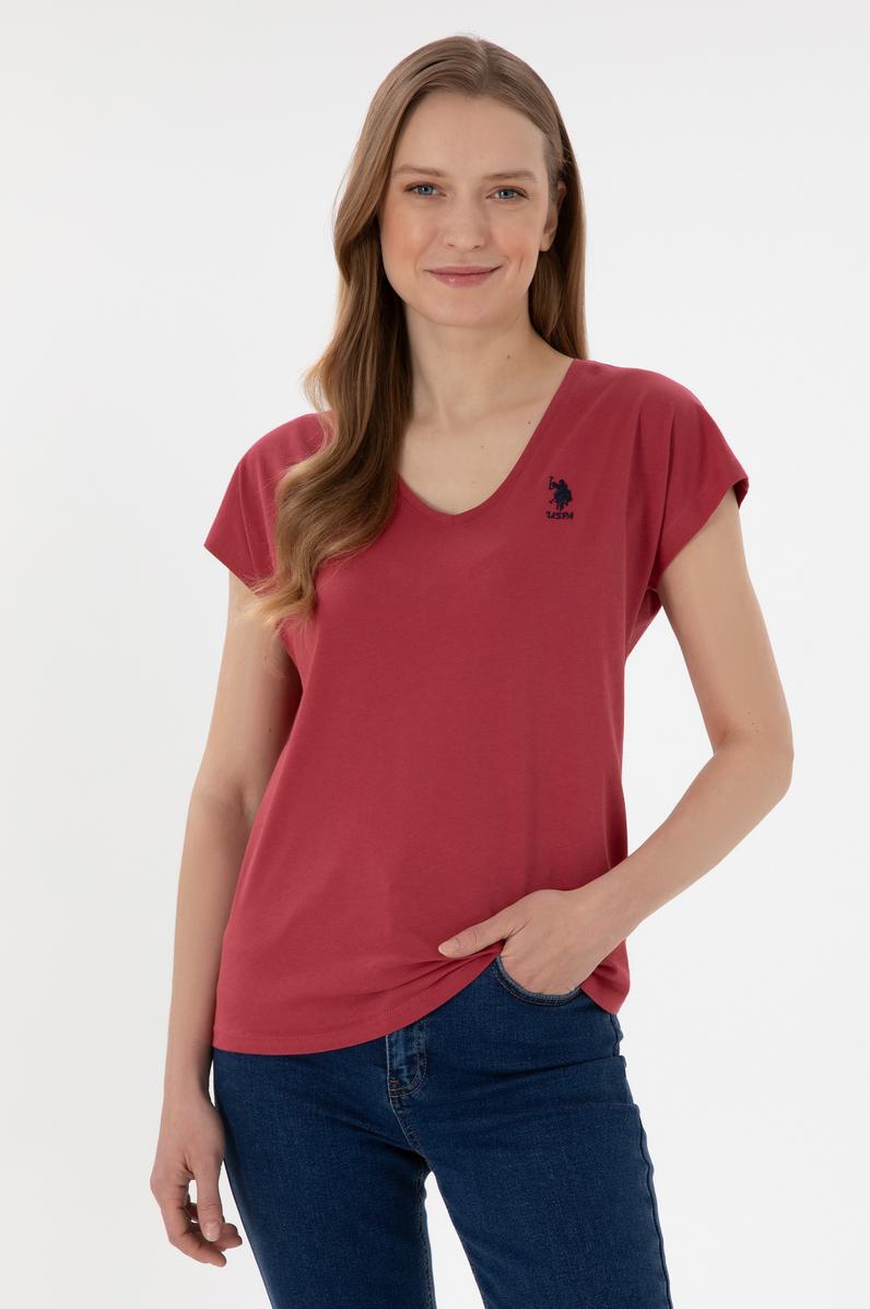 Kadın Vişne V Yaka Basic Tişört