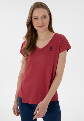 Kadın Vişne V Yaka Basic Tişört - 50305825097