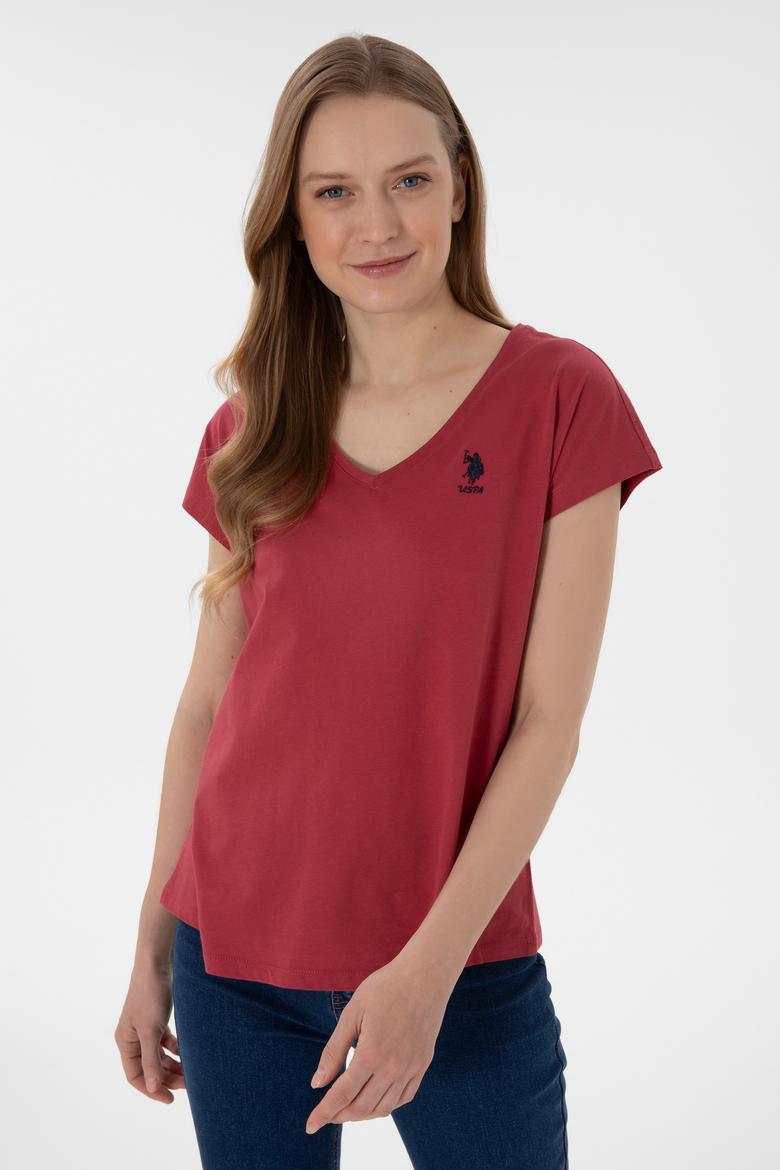 Kadın Vişne V Yaka Basic Tişört - 50305825097