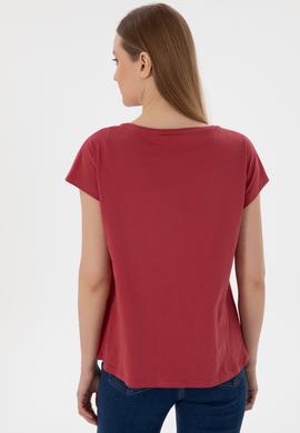 Kadın Vişne V Yaka Basic Tişört - 50305825097