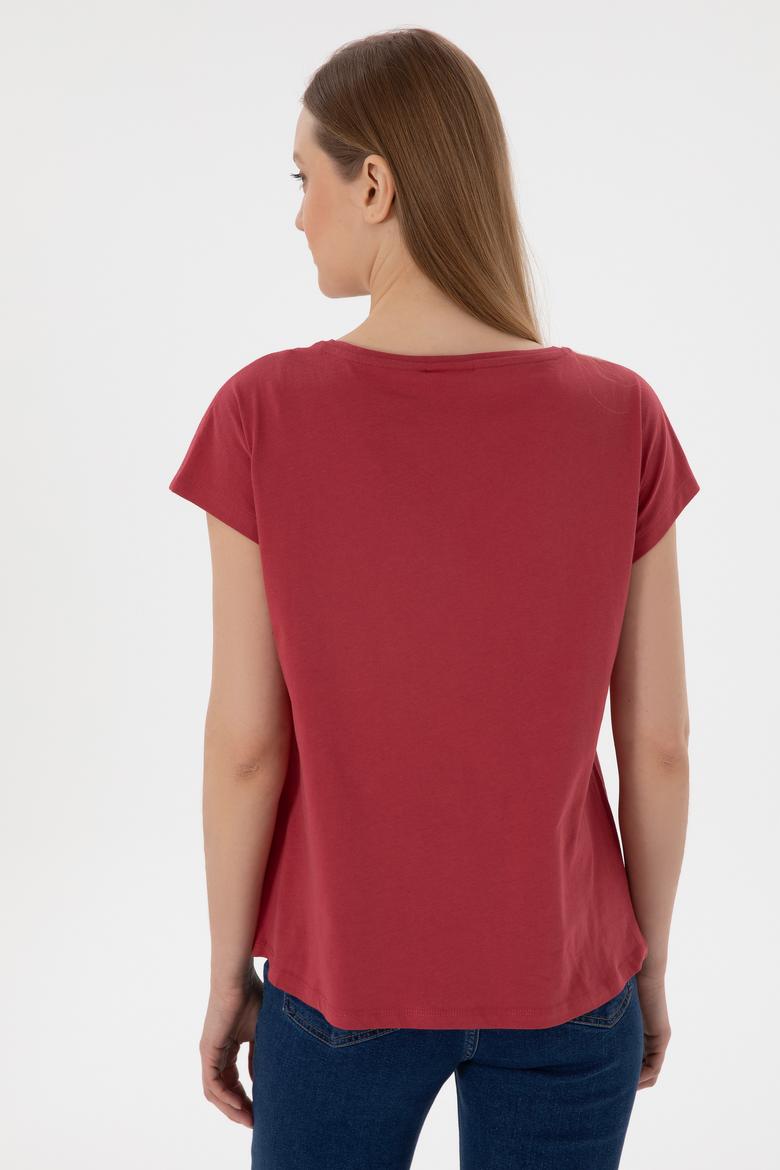 Kadın Vişne V Yaka Basic Tişört - 50305825097