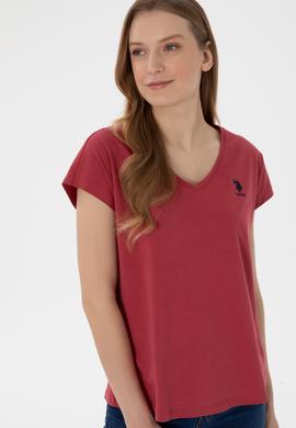 Kadın Vişne V Yaka Basic Tişört - 50305825097