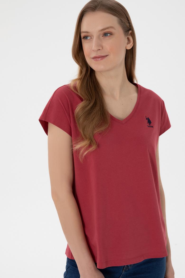 Kadın Vişne V Yaka Basic Tişört - 50305825097