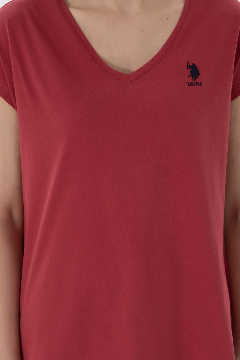 Kadın Vişne V Yaka Basic Tişört - 50305825097