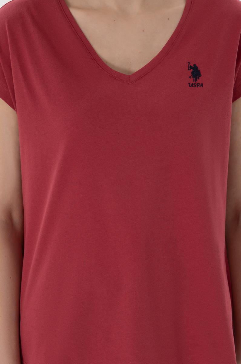 Kadın Vişne V Yaka Basic Tişört