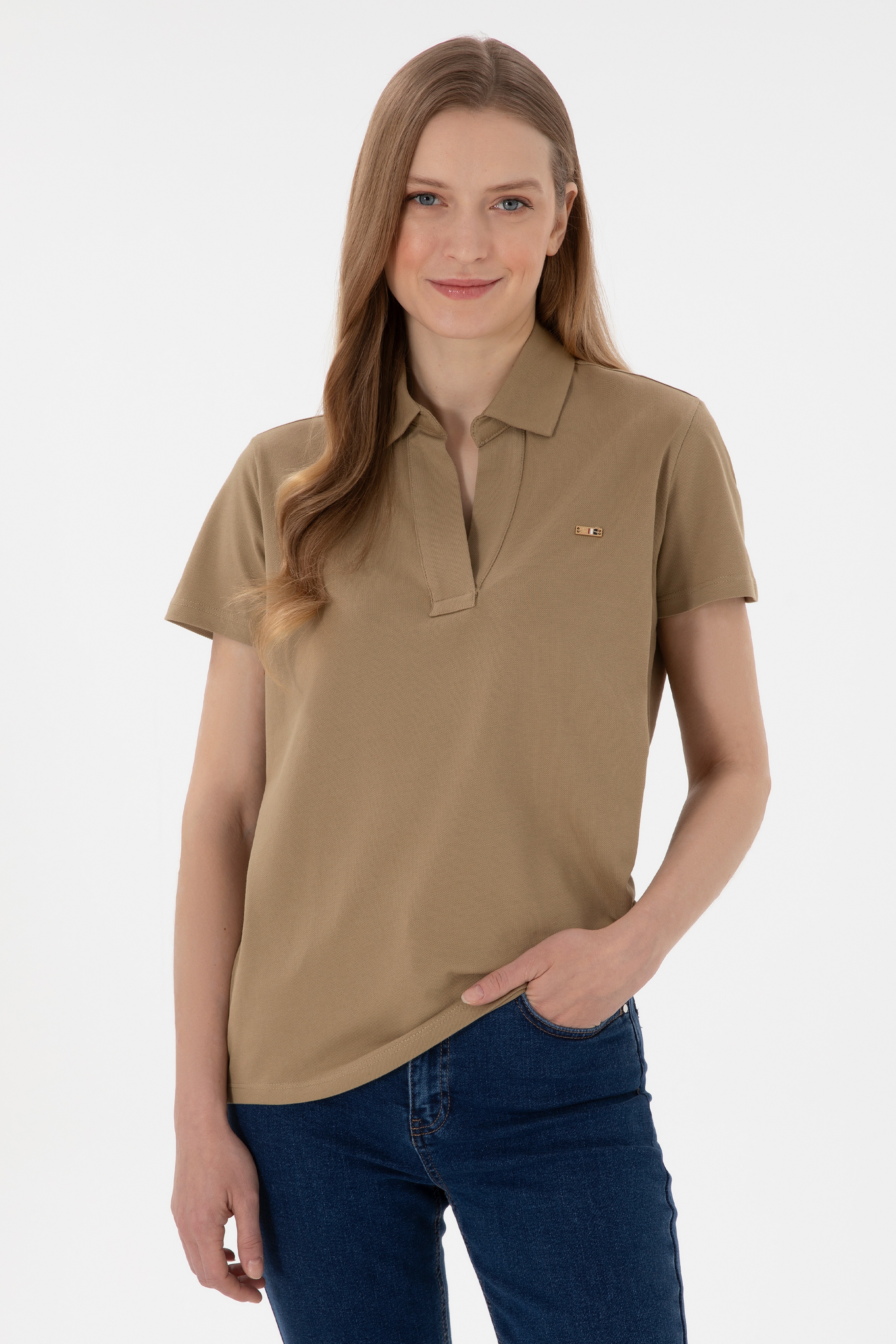 Kadın Haki Basic Polo Yaka Tişört - Image 1