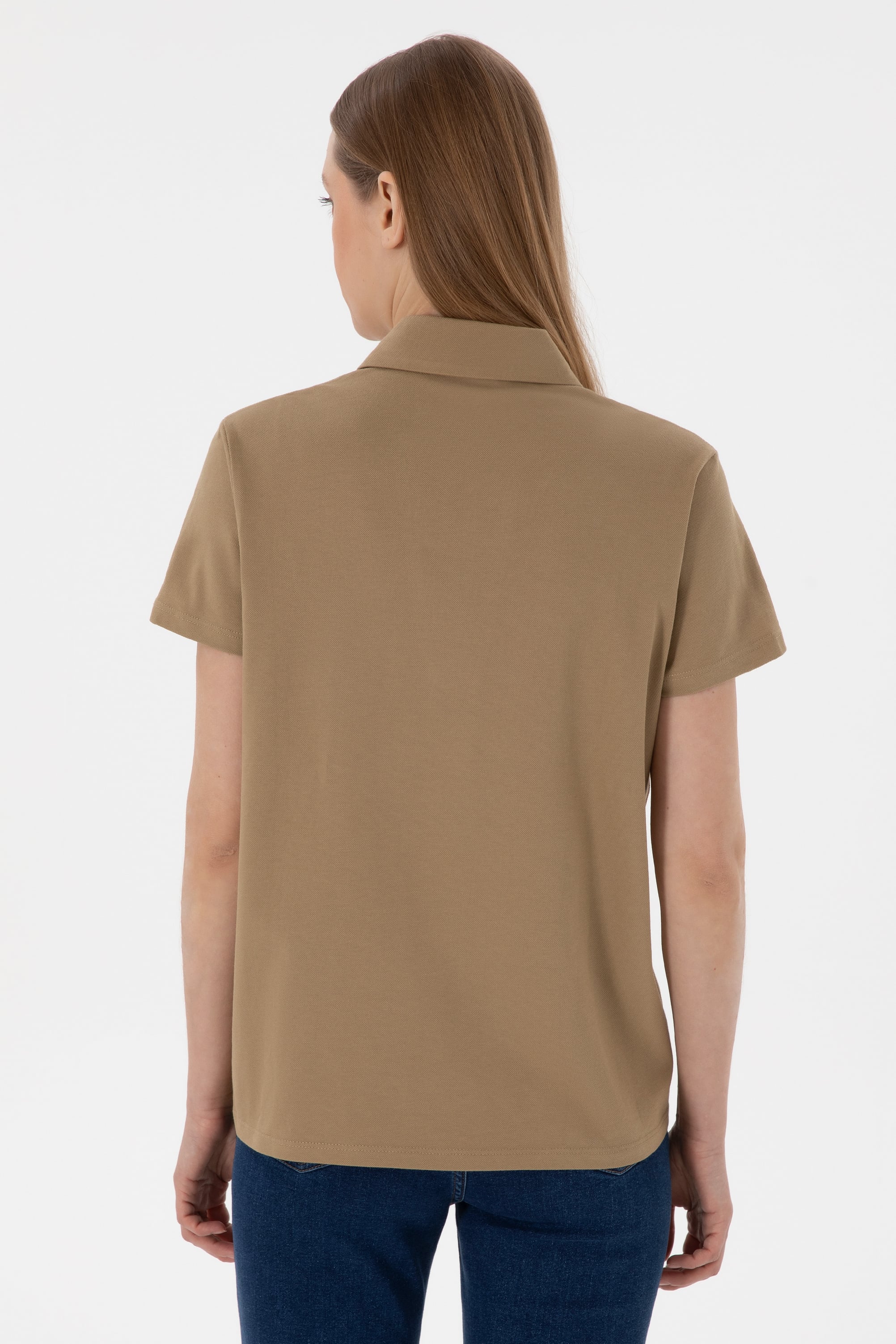 Kadın Haki Basic Polo Yaka Tişört - Image 6
