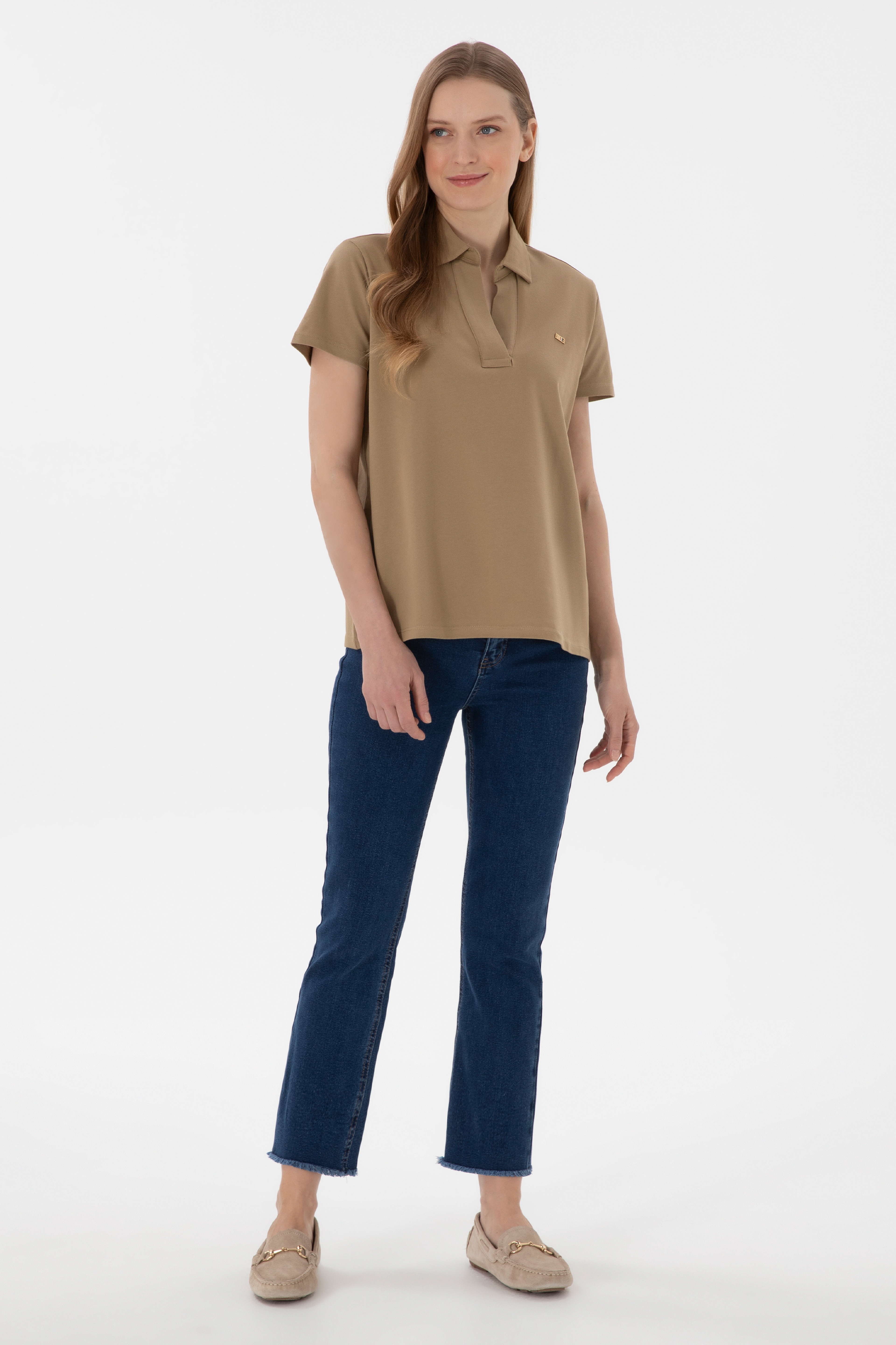 Kadın Haki Basic Polo Yaka Tişört - Image 5