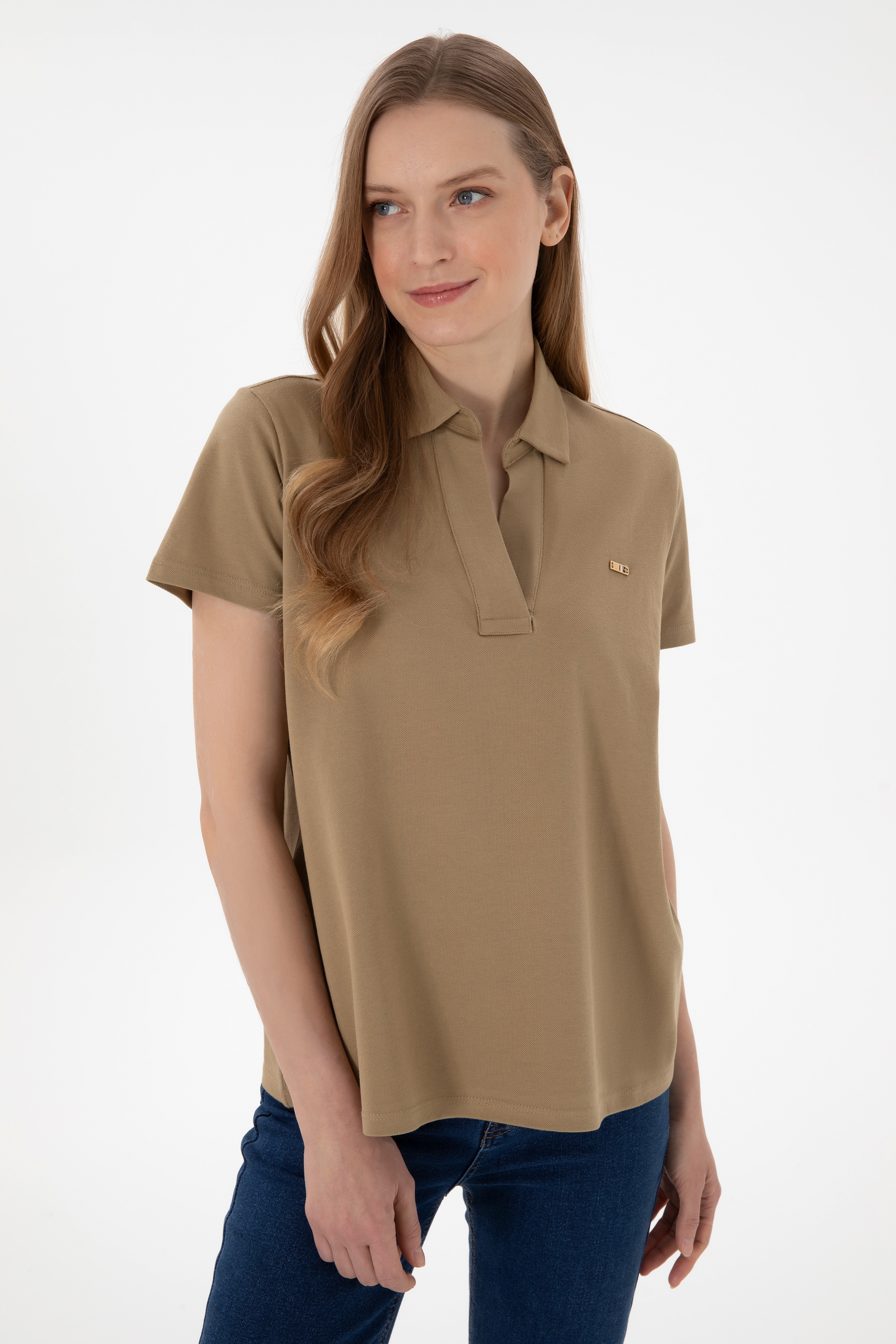 Kadın Haki Basic Polo Yaka Tişört