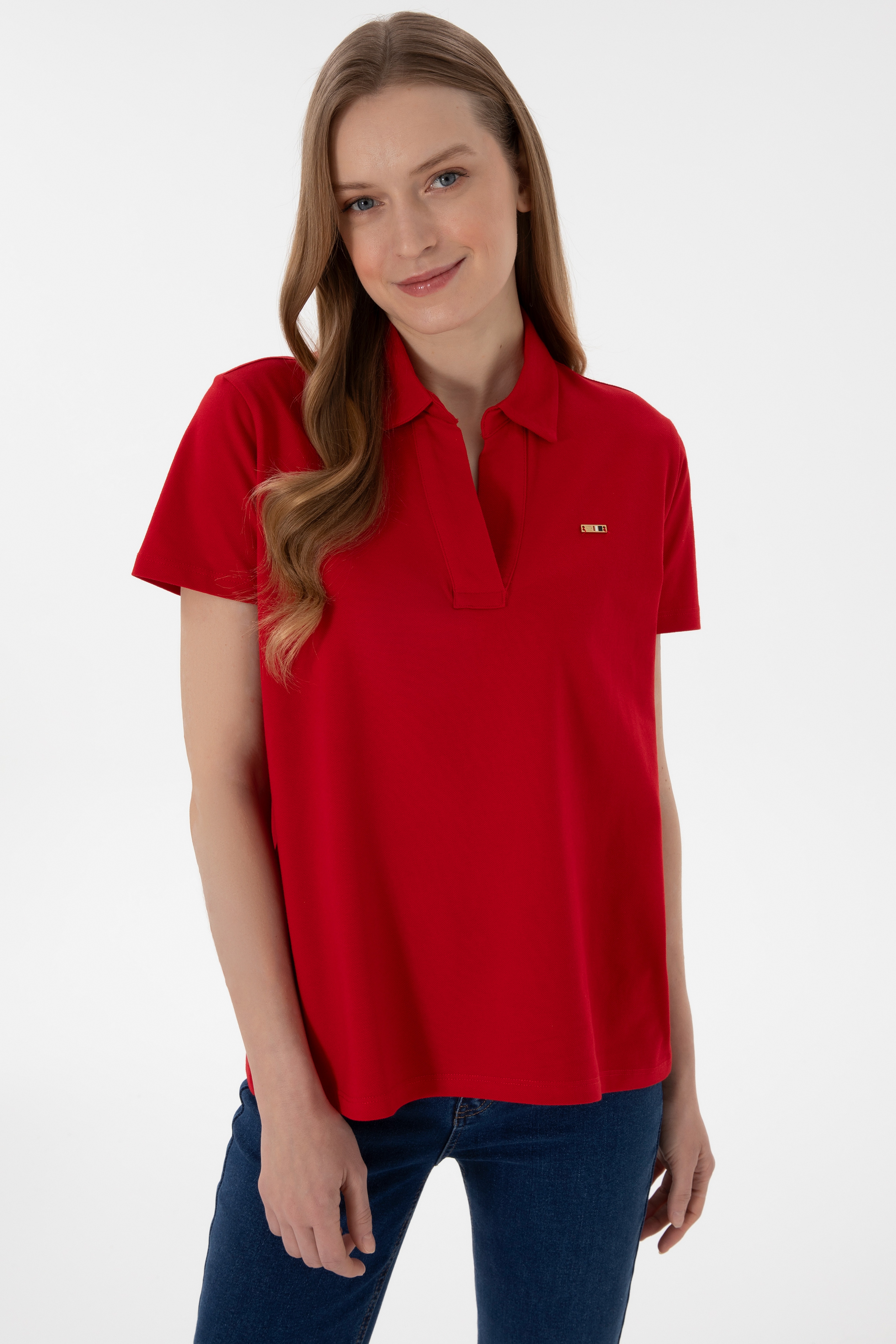 Kadın Kırmızı Basic Polo Yaka Tişört - Image 2