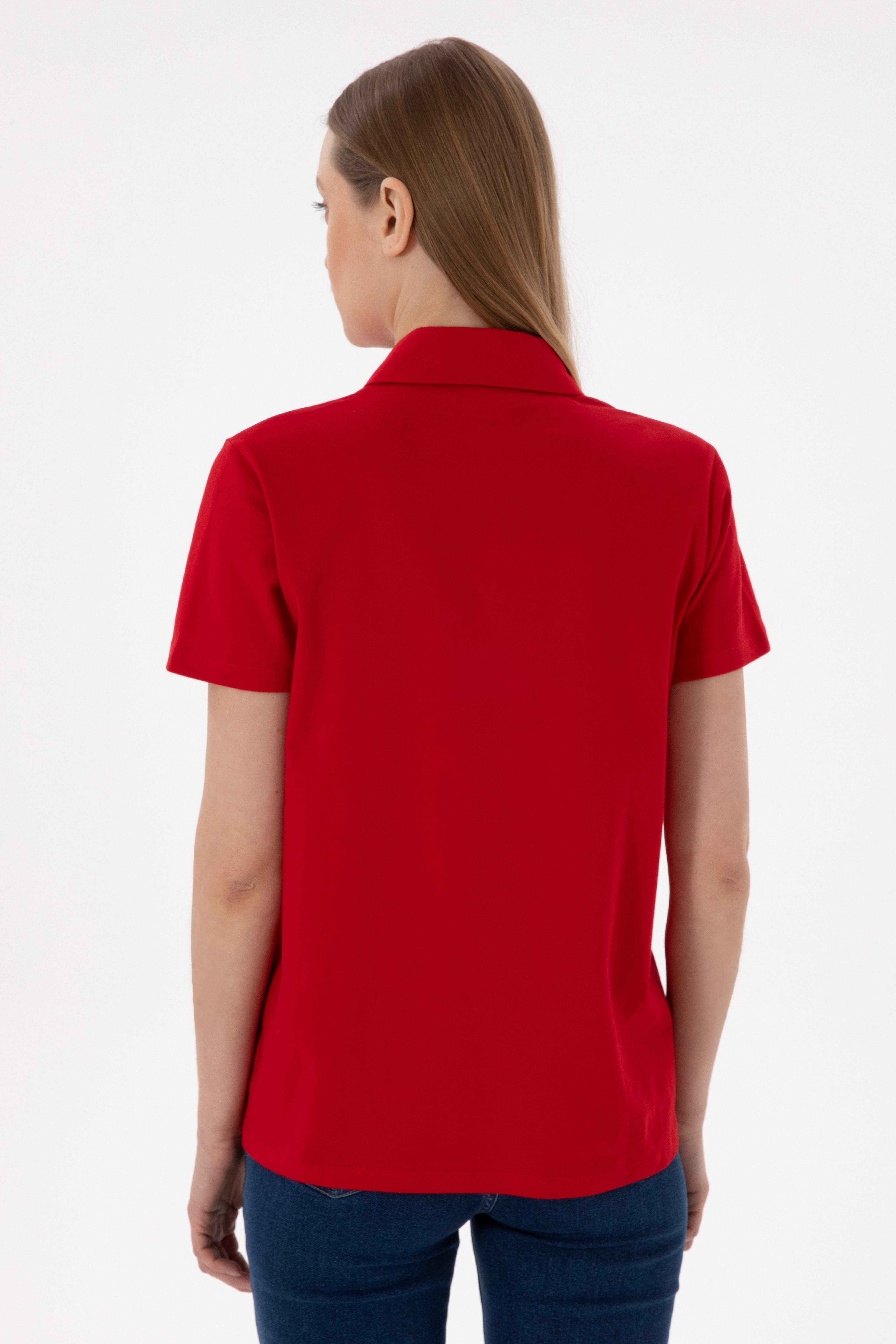 Kadın Kırmızı Basic Polo Yaka Tişört - Image 6