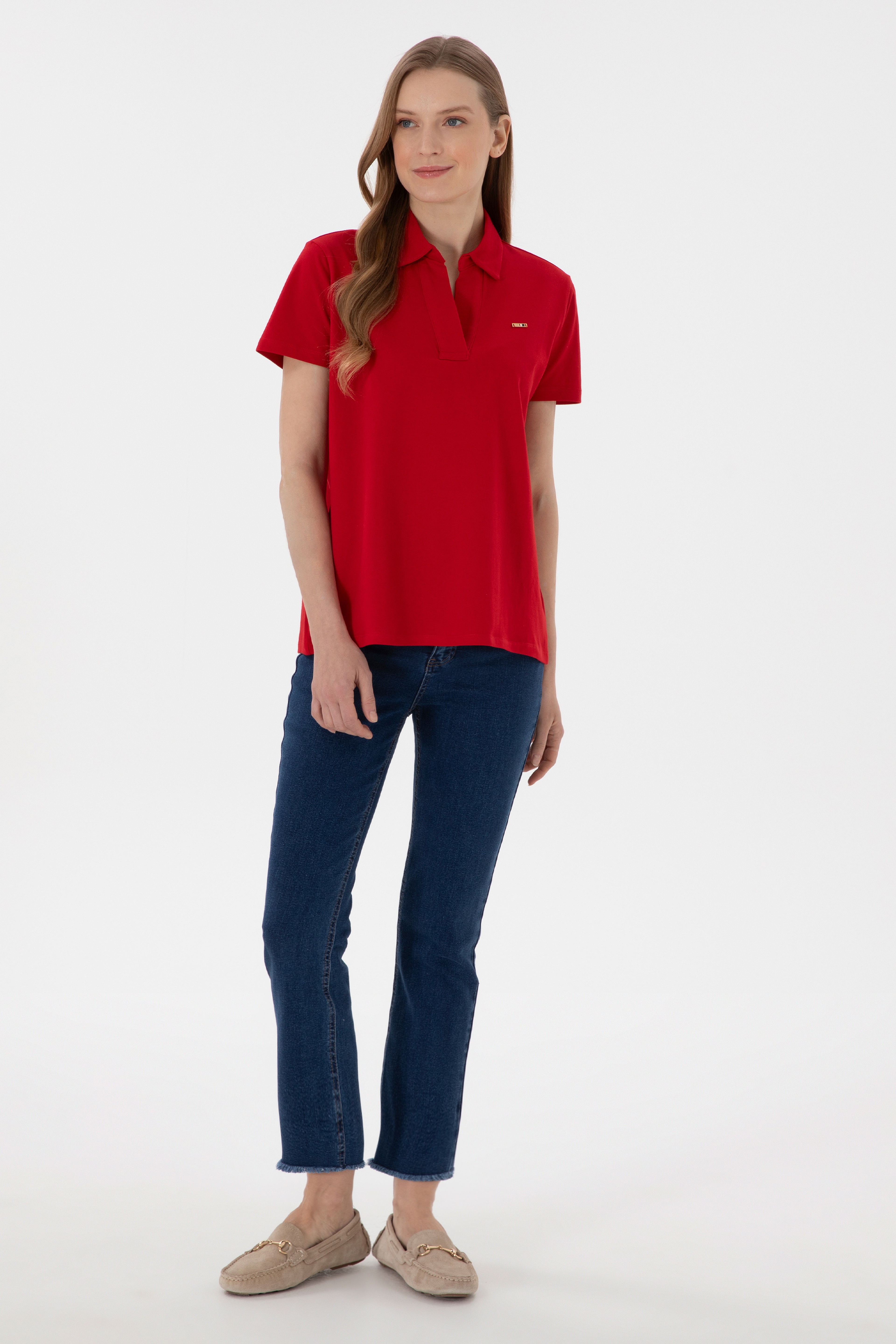 Kadın Kırmızı Basic Polo Yaka Tişört - Image 5