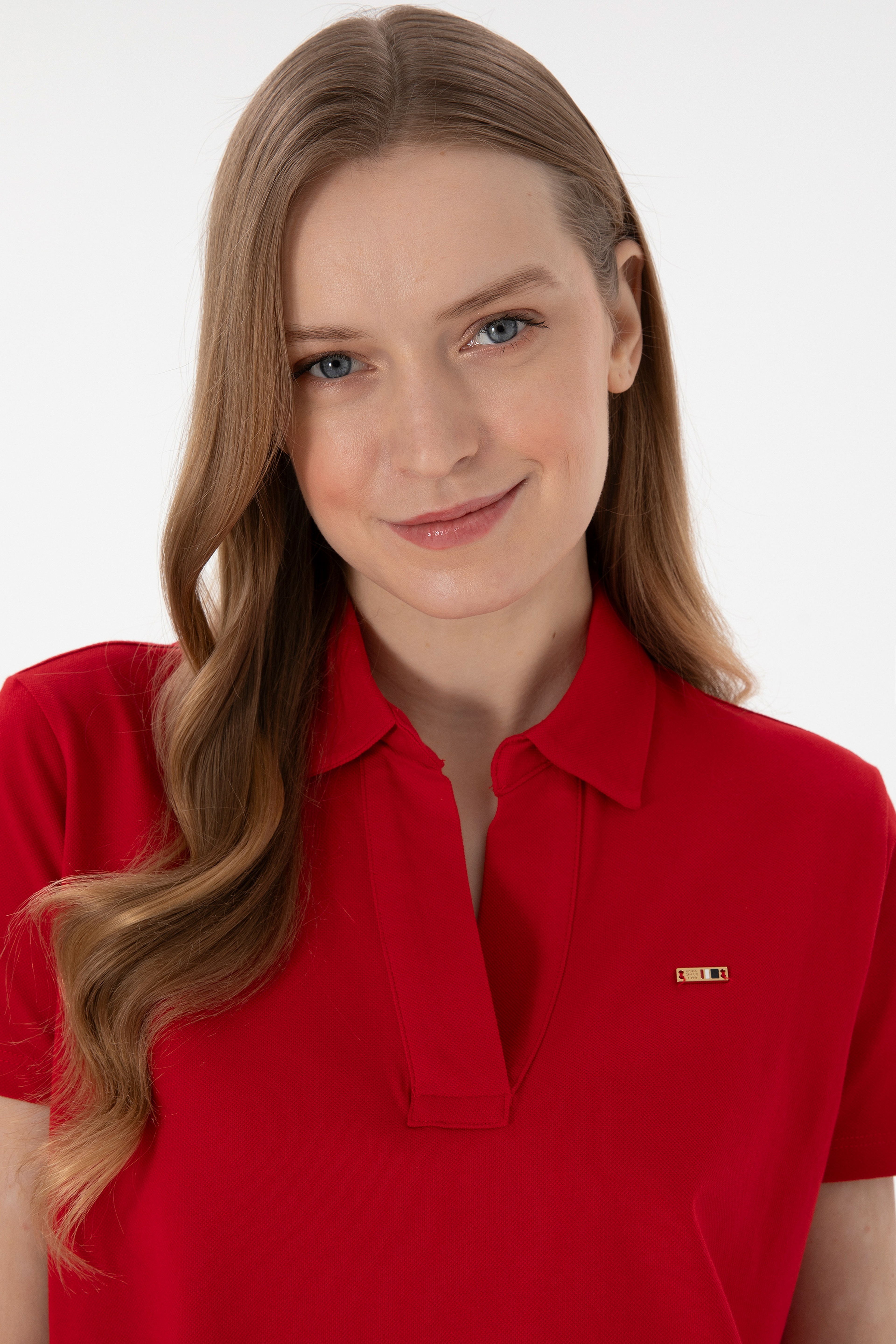 Kadın Kırmızı Basic Polo Yaka Tişört - Image 3