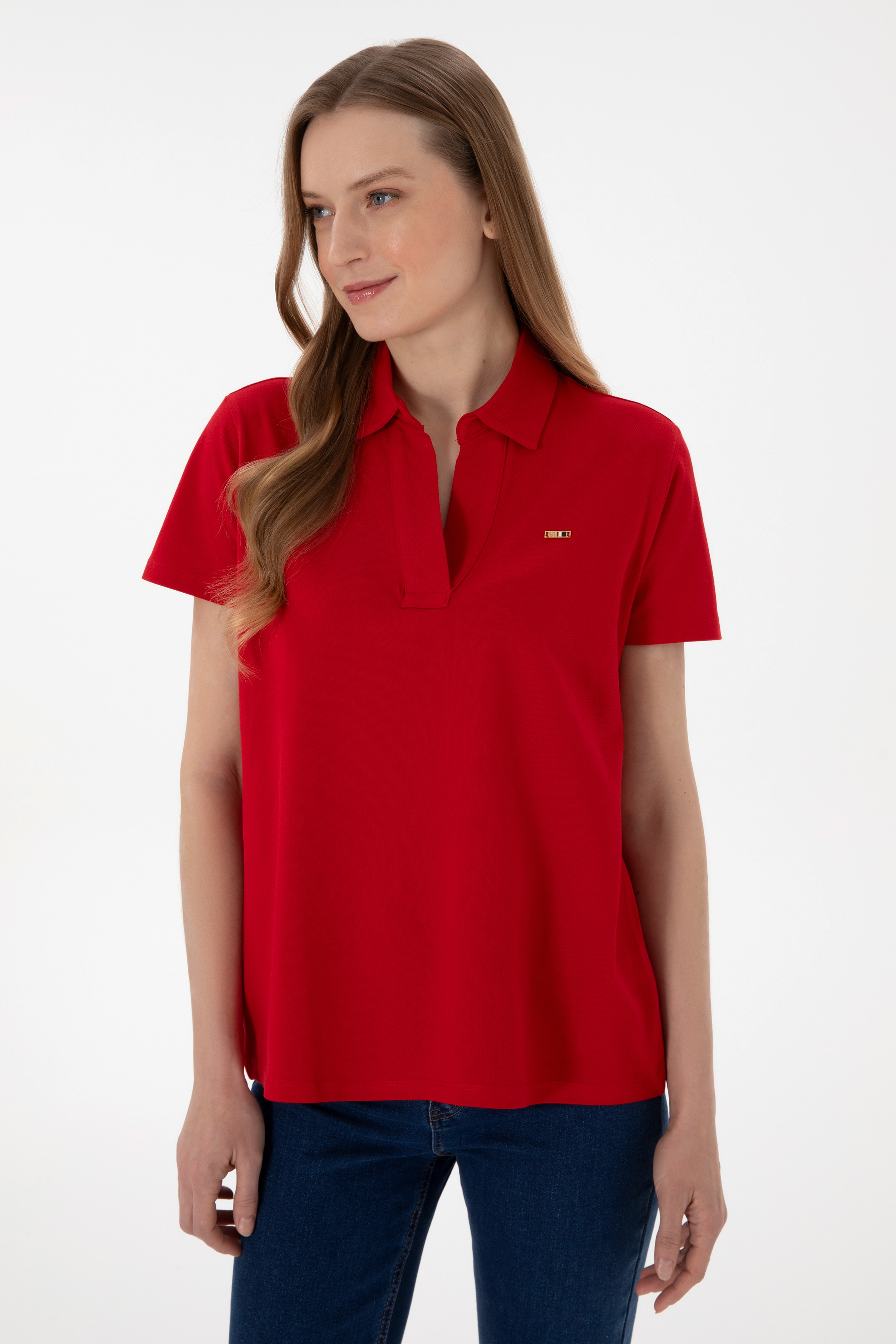 Kadın Kırmızı Basic Polo Yaka Tişört - Image 4