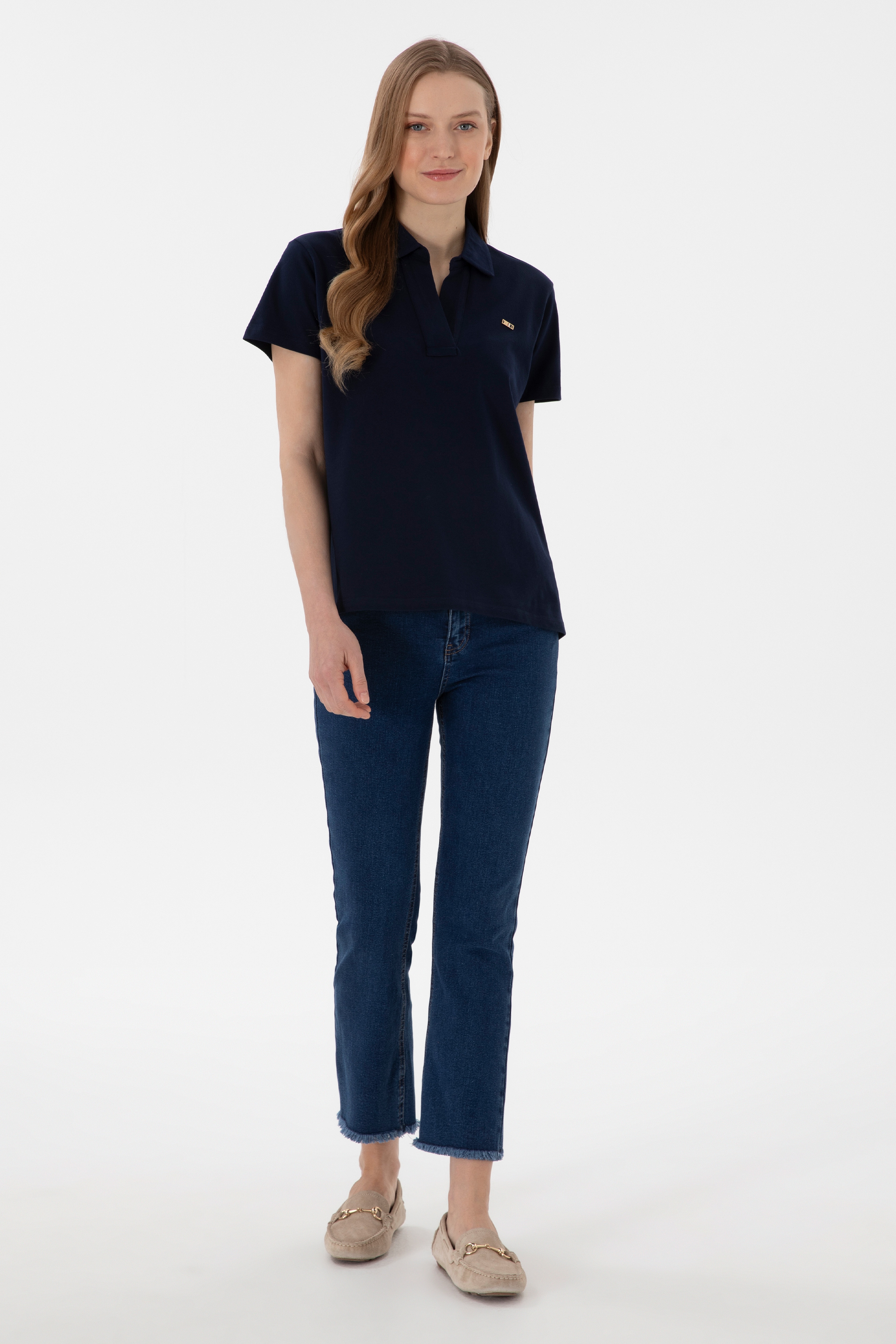 Kadın Lacivert Basic Polo Yaka Tişört - Image 5