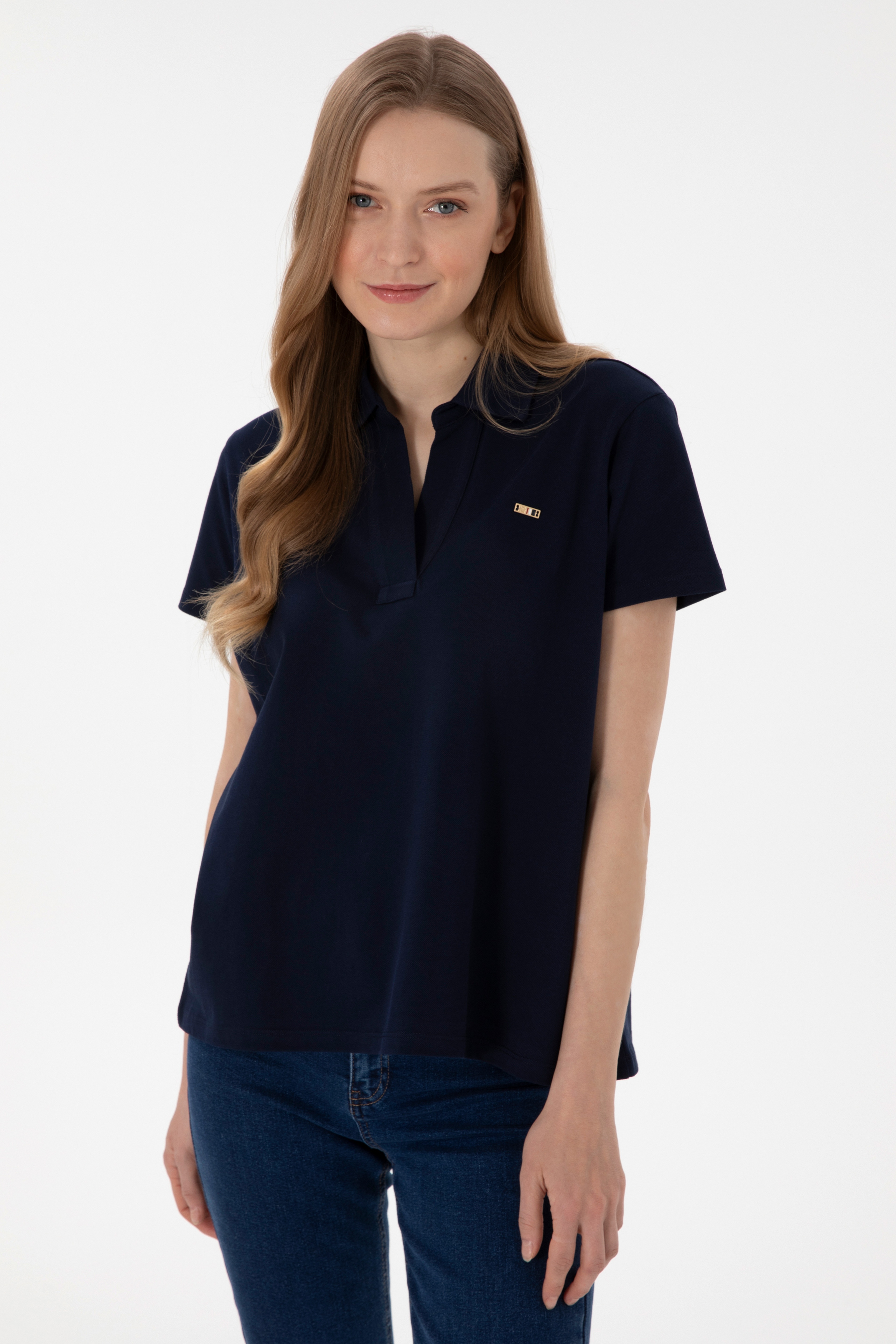 Kadın Lacivert Basic Polo Yaka Tişört - Image 2
