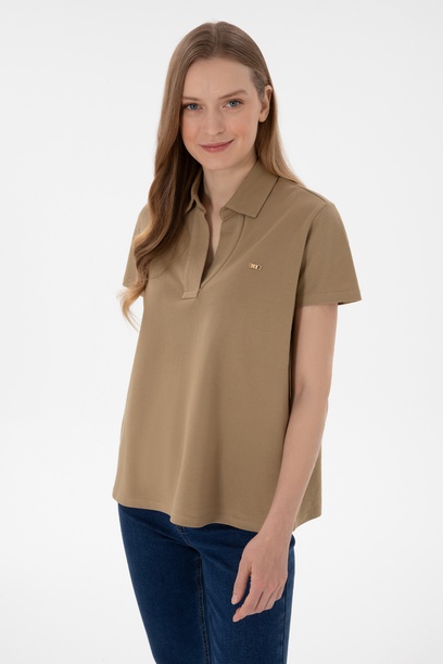 Kadın Haki Basic Polo Yaka Tişört