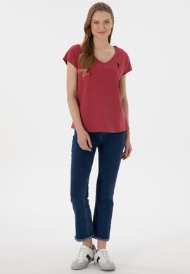 Kadın Vişne V Yaka Basic Tişört - 50305825097