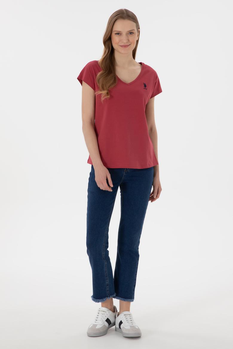 Kadın Vişne V Yaka Basic Tişört - 50305825097