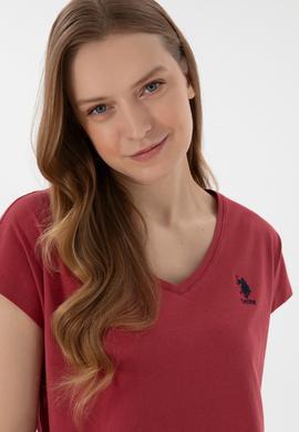 Kadın Vişne V Yaka Basic Tişört - 50305825097